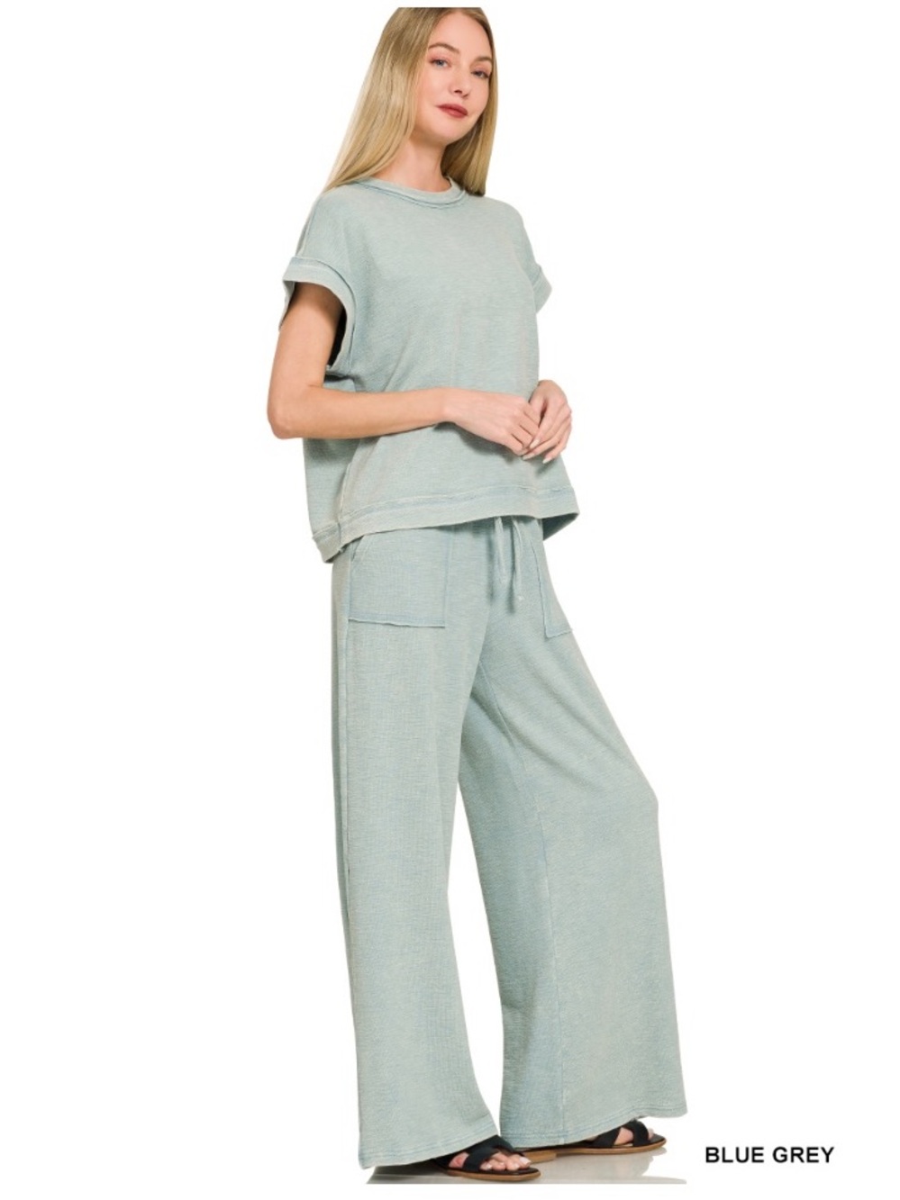 247 ❤️ ZENANA blue grey COTTON SLUB SHORT SLEEVE
TEE & LONG PANTS SET